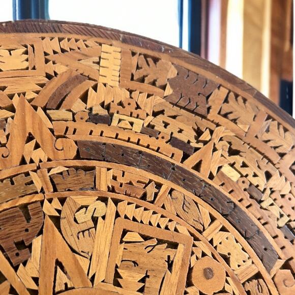 Vintage Aztec Calendar Hand Carved Inlay Wood Art Mexican Mexico Decor Holiday - Picture 5 of 11